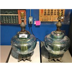 PAIR OF IRIDESCENT GLASS LAMPS - NO SHADES