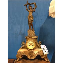 ANTIQUE PORCELAIN FACED MARBLE & METAL CAST CLOCK WITH BRONZE WOMEN FIGURE ( FIGURE ON TOP NOT