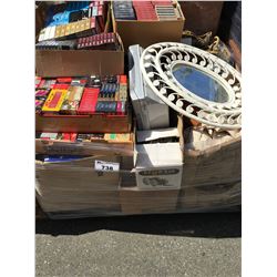 PALLET LOT OF MISC. TAPES, HOUSEHOLD ITEMS ECT.