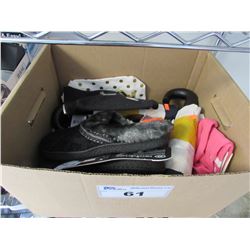 BOX OF HUDSON BAY UMBRELLAS, SMALL PURSES, THERAPEDIC SLIPPERS, ASSORTED ACCESSORIES