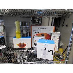 COLE & MASON SALT/PEPPER MILLS, JOLIETTE TEAPOT, SPIRALSCHNEIDER, LE CREUSET PAN, ALMOND GRATER,