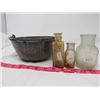 Image 1 : 3 APOTHECARY BOTTLES, GRAY ENAMEL POT W/WIRE HANDLE
