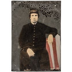 Civil War Identified Union Soldier Whole Plate Tintype Colorized Photo With Flag