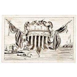 c 1862 Battle of the Monitor and Merrimac Hand-Drawn Pen + Ink Artist Depiction