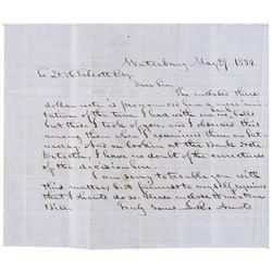 1854 Letter Regarding a Phony Three Dollar Obsolete Banknote at Waterbury (CT)