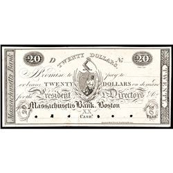 Obsolete Currency, Boston, MA. The Massachusetts Bank $20 India Paper Proof
