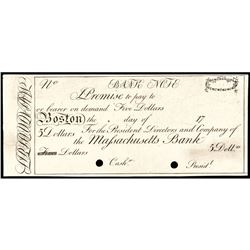 Obsolete Currency, Boston, MA. The Massachusetts Bank $5 India Paper Proof