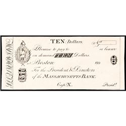 Obsolete Currency, Boston, MA. The Massachusetts Bank $10 India Paper Card Proof