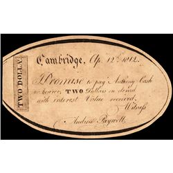 Cambridge, NY. Andrew Paywell Two Dollars. April 12th,  War of 1812 Era