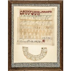 1879-Dated Hand-Wrought Needlework Sampler by Emma Orth Display Framed
