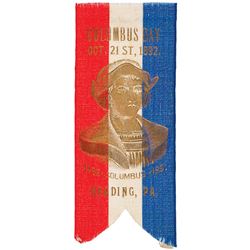 1892 Patriotic COLUMBUS DAY SILK RIBBON, 400 YEARS, With Gilt Bust of Columbus
