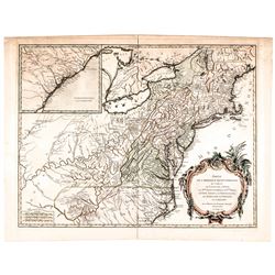 1755-Dated French + Indian War Era Hand-Colored North America Map by De Vaugondy