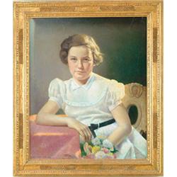 VIVIAN MILNER AKERS (American, 1886-1966) PORTRAIT OF A YOUNG GIRL WITH FLOWERS (AKERS CARVED FRAME)