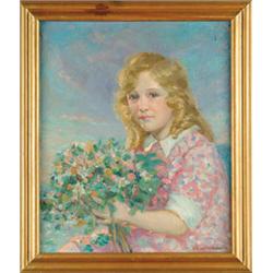 LIVINGSTON GEER (American, 20th Century) GIRL WITH BOUQUET