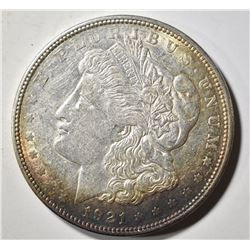 1921-D MORGAN DOLLAR, BU RAINBOW TONING OBV