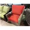 Image 1 : LIGHT BROWN PLASTIC RATTAN OUTDOOR PATIO SWIVEL ARM CHAIR WITH CUSHIONS