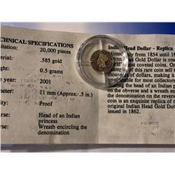 Indian Head 585 .05 gram Gold Replica Coin with COA