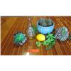 Image 1 : Faux Succulents, Blue Ceramic Planter, Tapered Vase