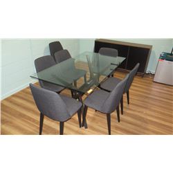 Glass Table (63"x25"x30"H) w/ Upholstered Gray Chairs