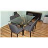 Image 1 : Glass Table (63"x25"x30"H) w/ Upholstered Gray Chairs
