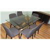 Image 2 : Glass Table (63"x25"x30"H) w/ Upholstered Gray Chairs