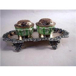 A SILVER ON COPPER INKSTAND WITH TWO GREEN GLASS INK POTS, Footed tray, 8"l