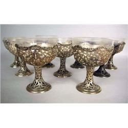 EIGHT STERLING SILVER RETICULATED REPOUSSE GOBLETS 3 3/4"h, losses, aprox 24 t.o.