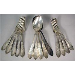 A GROUP OF NINE WHITING DIVISION OF GORHAM "ARABESQUE" PATTERN, 1875 DINNER FORKS AND FIVE TABLESPOO