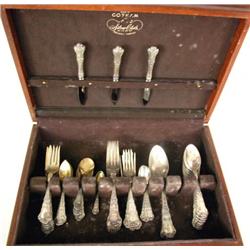 A GORHAM STERLING SILVER PARTIAL FLATWARE SERVICE WITH LION FACE FINIALS COMPRISING: 3 serving spoon