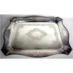 A SILVER-ON-COPPER DOUBLE HANDLED SHAPED RECTANGULAR TRAY