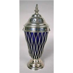 AN ENGLISH SILVER CASTER WITH COBALT GLASS LINER