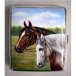 A SILVER PLATED HORSE MOTIF ENAMEL CIGARETTE CASE