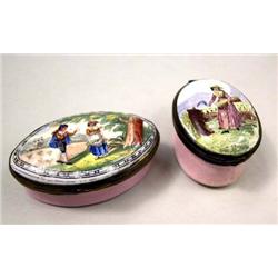 TWO ANTIQUE BATTERSEA OR SOUTH STAFFORDSHIRE POLYCHROME-DECORATED ENAMEL PATCH BOXES