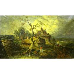 OIL ON CANVAS, BUCOLIC VILLAGE SCENE