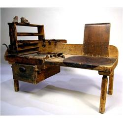 A FOLKY PINE COBBLER'S BENCH AND ASSORTED TOOLS
