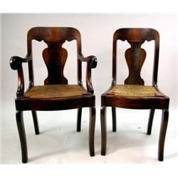 A SET OF FOUR LATE FEDERAL STYLE FIGURED MAHOGANY RUSH SEAT ARMCHAIRS