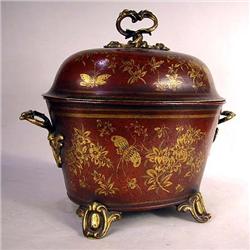 A VICTORIAN RED PAINTED AND STENCIL DECORATED TOLE COAL SCUTTLE
