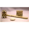 Image 1 : A COLLECTION OF BONE ITEMS COMPRISING: a netsuke, a "button", a scrimshawed covered circular box, an