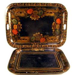 TWO BLACK PAINTED STENCIL AND POLYCHROME DECORATED TOLEWARE TRAYS