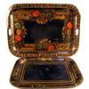 Image 1 : TWO BLACK PAINTED STENCIL AND POLYCHROME DECORATED TOLEWARE TRAYS