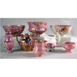 A MISCELLANEOUS GROUP OF THREE PINK SPATTERED LUSTERWARE FOOTED BOWLS