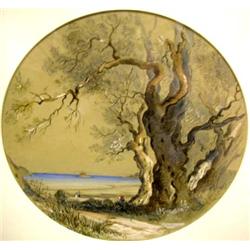 A WATERCOLOR OF TREES ALONG A HARBOR