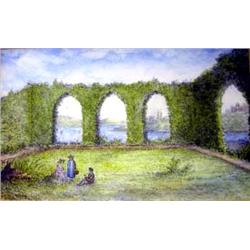 A WATERCOLOR OF AN ABBEY RUINS