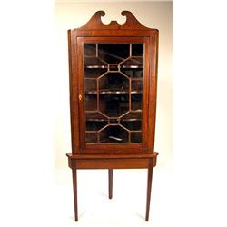A FEDERAL STYLE INLAID MAHOGANY TWO PART CORNER CUPBOARD