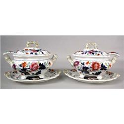 A PAIR OF GAUDY WELSH POTTERY RECTANGULAR COVERED SAUCE TUREENS WITH UNDERPLATES