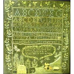 A PAIR OF GREEN LINEN SAMPLERS BY ESTHER AND MARIA BARNEY OR BARTLEY