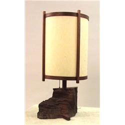 A GEORGE NAKASHIMA OLIVE ROOT DESK LAMP WITH BURL BASE