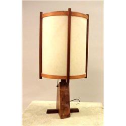 A GEORGE NAKASHIMA CHERRYWOOD TABLE LAMP WITH LARGE TRIANGULAR BASE