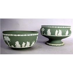 TWO WEDGWOOD, ENGLAND GREEN JASPERWARE CENTERPIECE BOWLS