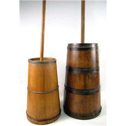 TWO WOOD AND STEEL BANDED BUTTER CHURNS